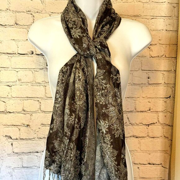 Sheer Long Lace Scarf Shawl Black Silver Glitter Stitching - Picture 1 of 9